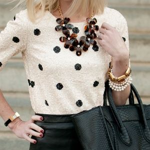 J Crew Cream Sequin Polka Dot Top